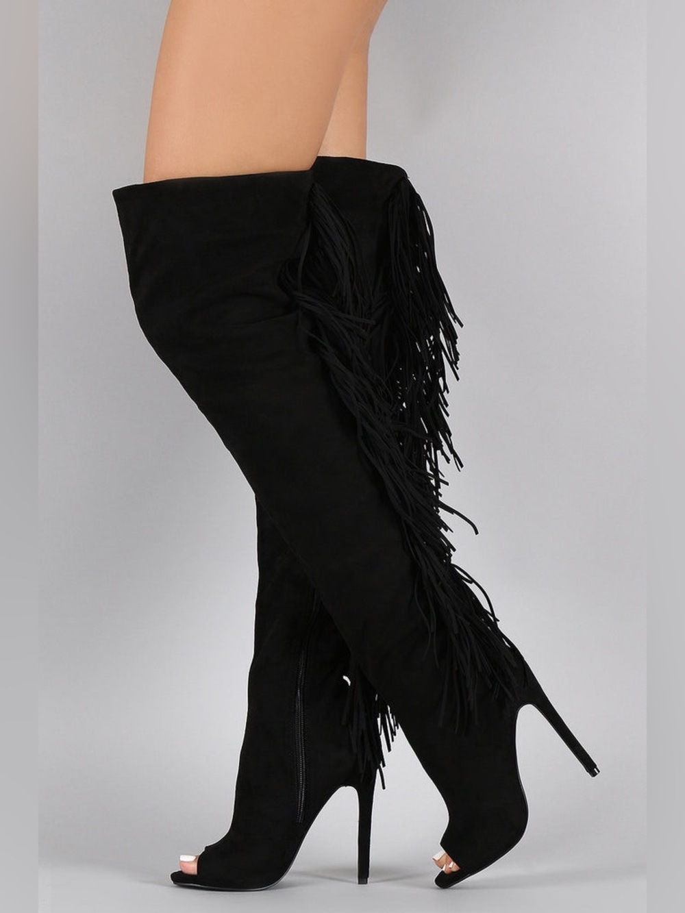 Privileged Suede Fringe Peep Toe Stiletto Thigh High Over The Knee Boot 6.5